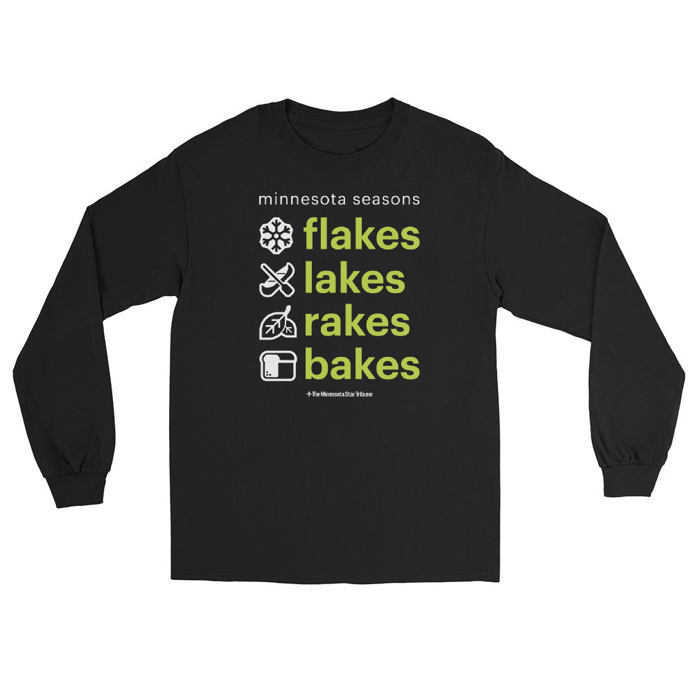 Minnesota Seasons-Flakes Lakes Rakes Bakes Long Sleeve Shirt