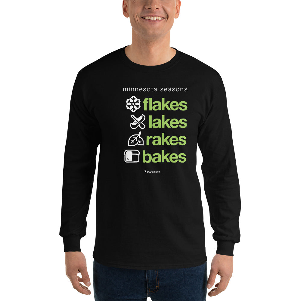 Minnesota Seasons-Flakes Lakes Rakes Bakes Long Sleeve Shirt